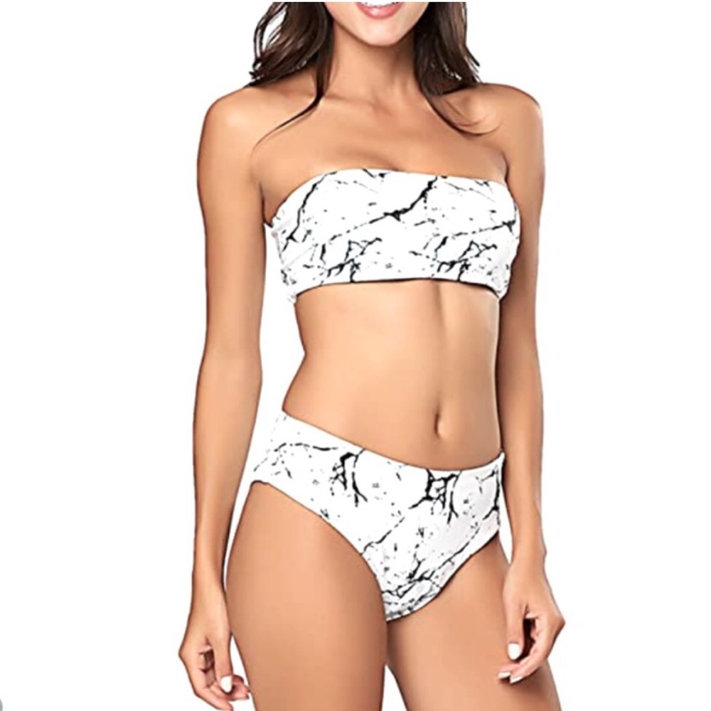 NEW Zaful High Waist Marbled Snake Print Bikini Bottom Black & White